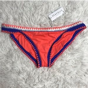 NEW Seafolly Bikini Bottoms Swim Embroidered Bright Coral Royal Blue White 12